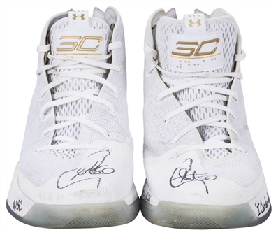 2017 Stephen Curry Game Used, Signed & Inscribed Under Armour High Top Sneakers Used on 3/31/17 (MEARS & JSA)